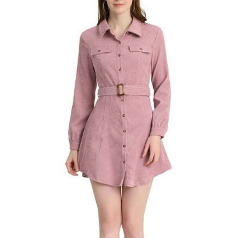 Pink Corduroy shirt dress - Size S - belt included